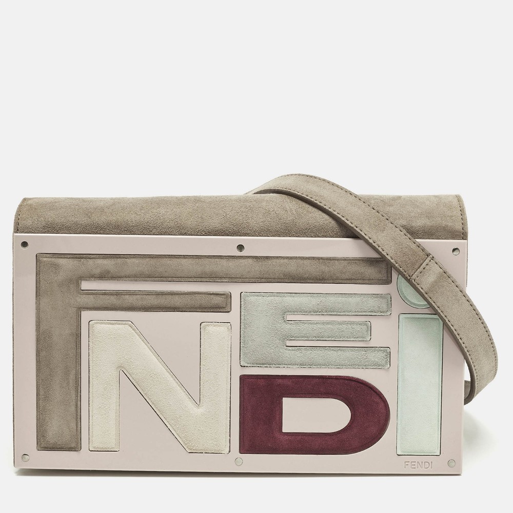 Fendi Logo BeigeLight Pink Plexiglass and Suede Clutch Bag