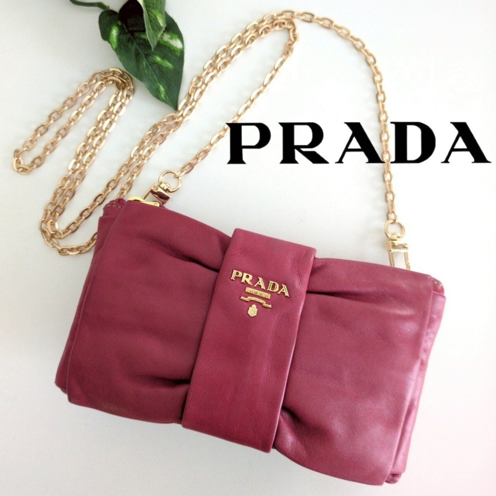 PRADA 2-Way Chain Leather Shoulder Clutch Bag in Pink
