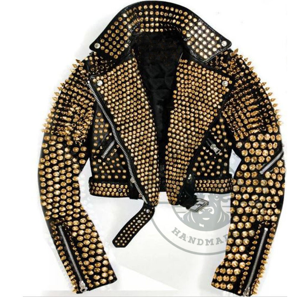 Rock & Roll Black Gold Studded Spiked Leather Biker Jacket Handmade  
