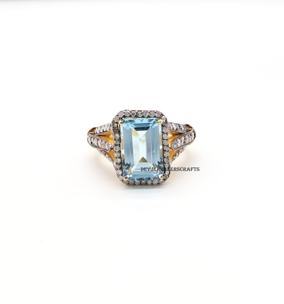 Blue Topaz Sterling Silver Pave Diamond Victorian Statement Ring