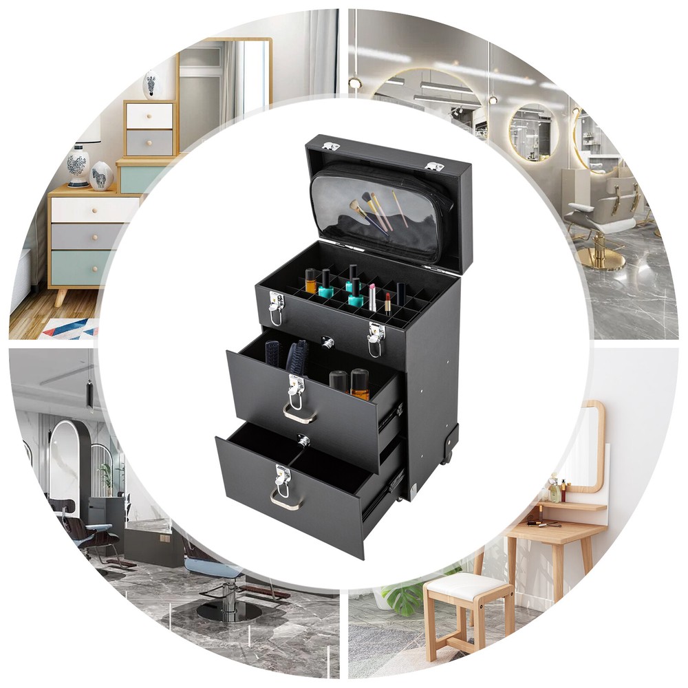 Aluminum Rolling Makeup Train Case Salon Cosmetic Trolley with Drawer Organizer