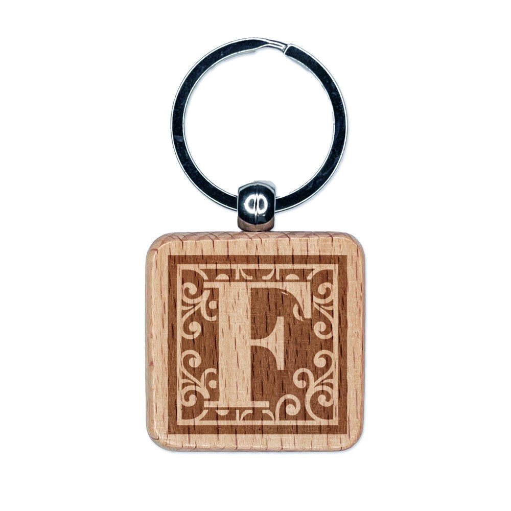 Monogram Swirls Engraved Wood Keychain Charm Capital Letter F  