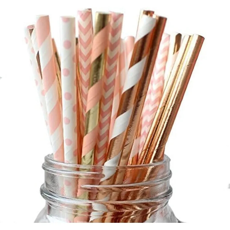150Pc Rose Gold Pink Biodegradable Drinking Paper Straws Party Striped straws