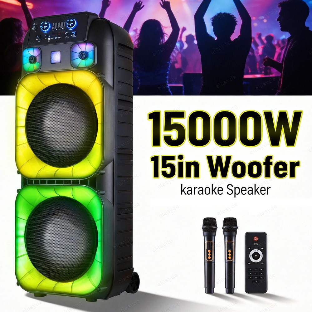Dual 15 Inch Bluetooth Speaker with 2 Wireless Mics LED Lights TWS FM Radio USB
