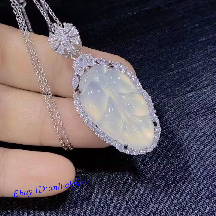 White Jade Leaf Pendant Silver Inlay White Agate Women's Necklace Jewelry