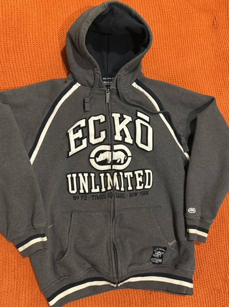 ECKO UNLTD Jacket Mens Medium Gray Fleece Lined Hoodie Big Logo Spell Out Y2K