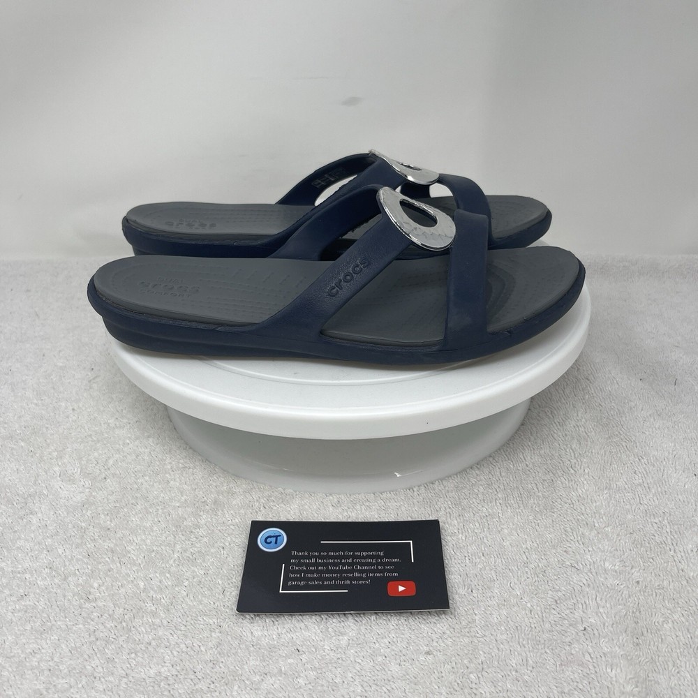Crocs Sanrah Hammered Circle Slide Sandals Women's Size 7 Navy Blue Silver