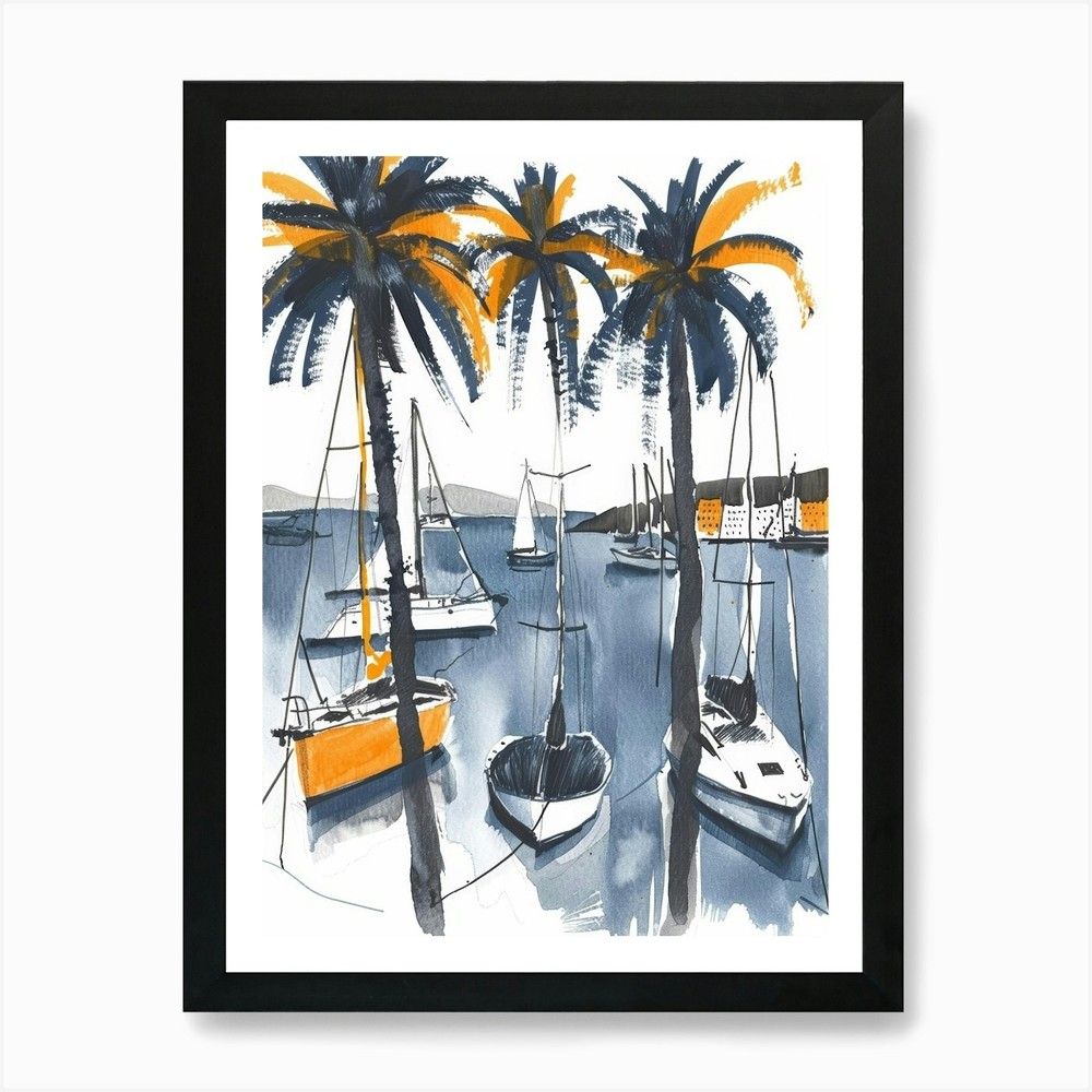 Palm Trees Harbor Framed Wall Art Canvas Print Poster Picture  