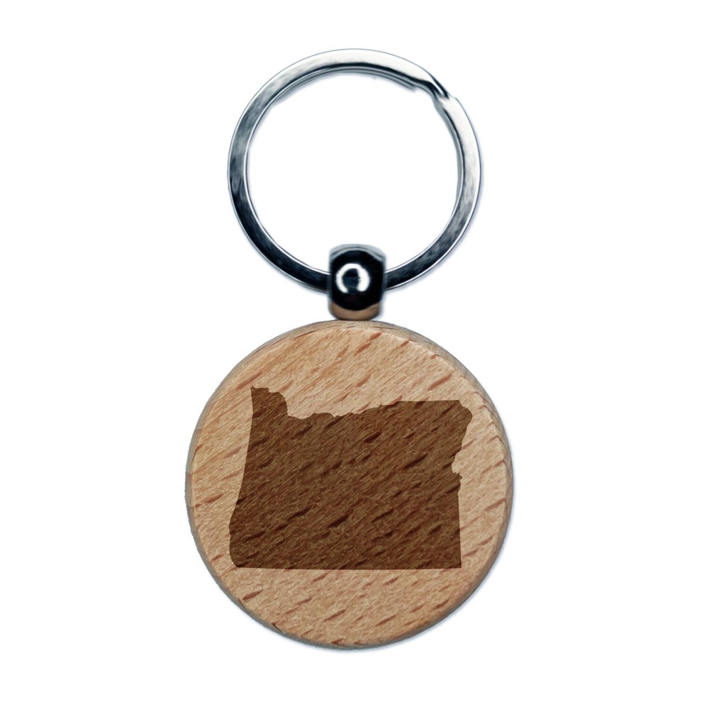 Oregon State Silhouette Engraved Wood Round Keychain Tag Charm