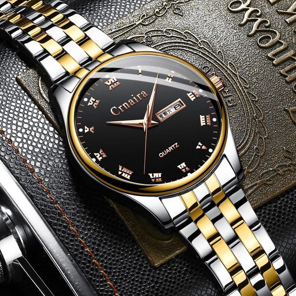 Men's Elegant Waterproof Quartz Watch with Diamond Accents and Stainless Steel B