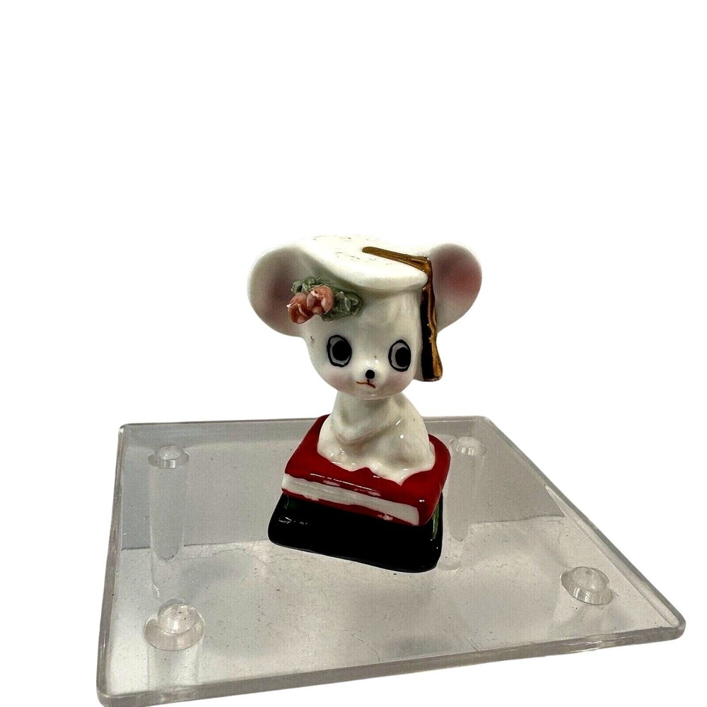 Vintage Porcelain Graduation Cap Mouse Figurine Sitting on Books Taiwan Miniature Collectible
