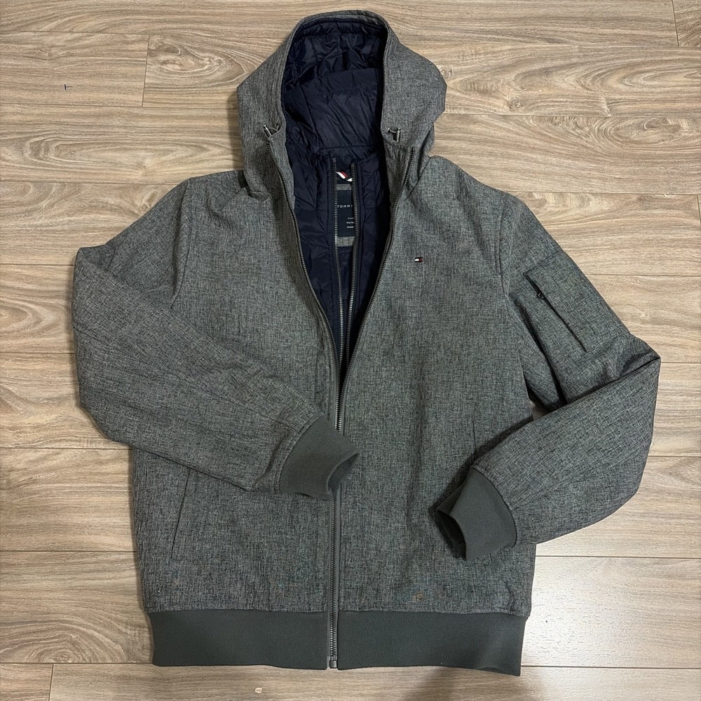 TOMMY HILFIGER Insulated Double Layer Hooded Bomber Coat Men's Small Gray Navy