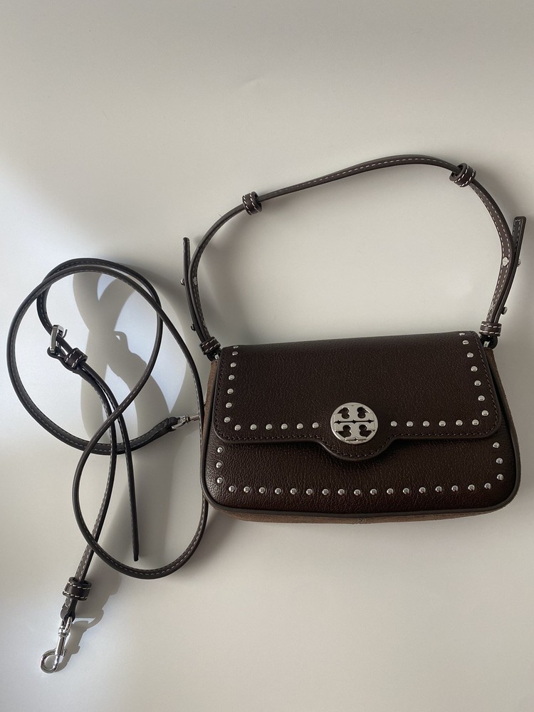 New Tory Burch FELIX STUDS MINI FLAP SHOULDER BAG PINE BARK brown purse