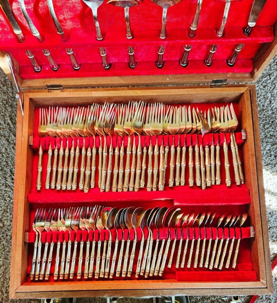 Vtg 144 Piece Bangkok Thailand Bronzewear Flatware 12 Person Service set W/Case