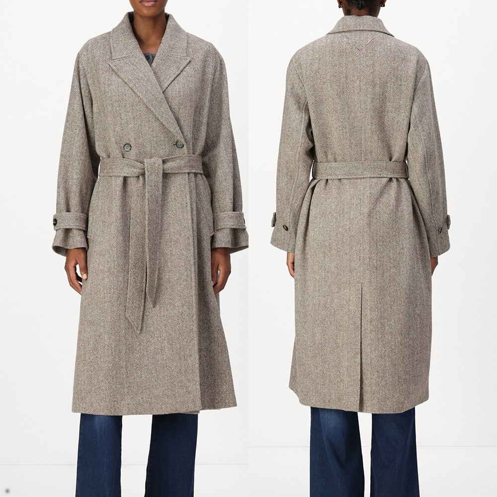 Herringbone Wool Blend Women Overcoats Peak Lapel Dressy Business Casual Outfits