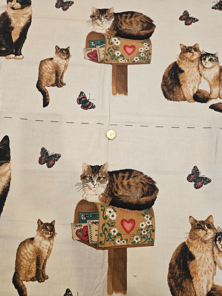 Vintage Cotton Fabric Cat print brand Soring Industies size 1 yard white