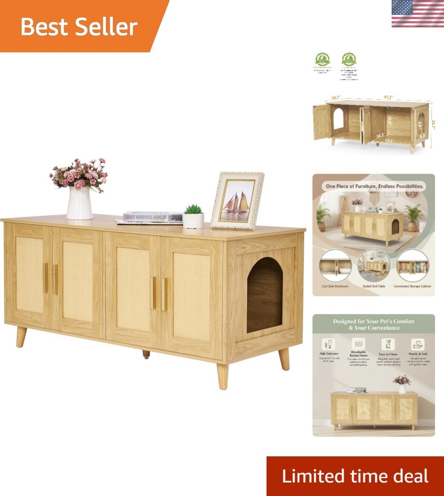 All-in-One Boho Cat Litter Enclosure for Two Cats, 47.2”L - Natural Finish