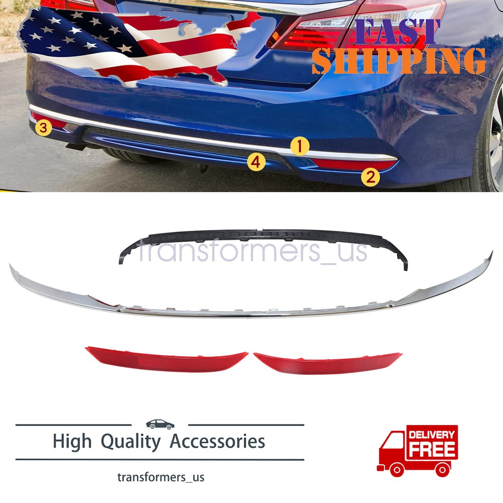 4Pcs Rear Lower Bumper Cover Molding Trim+Refletors Fit Honda Accord 2016-2017