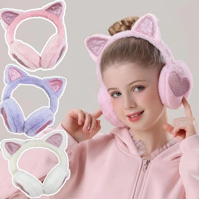Winter Plush Cat Ear Earmuffs Glitter Heart Fur Warm Ear Cover For Women