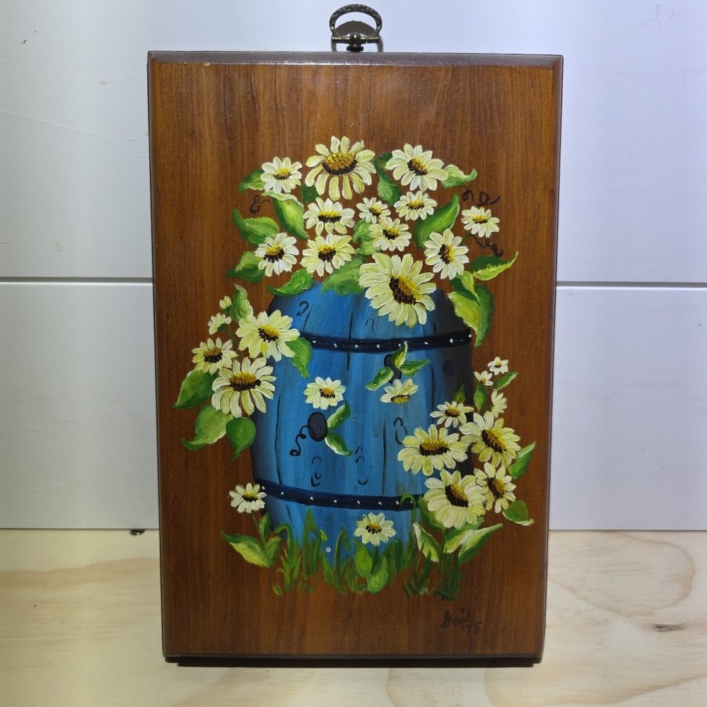 1975 Hand Painted Wood Plaque Wine Barrel With Flowers Artist Signed 7.5 X 11.5