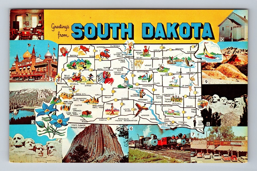 SD-South Dakota, Landmarks And Map, Vintage Postcard