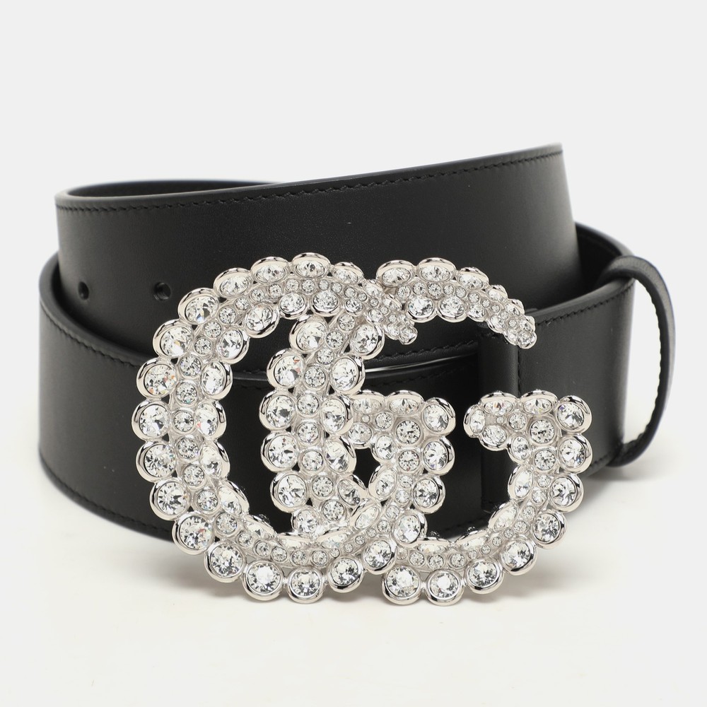 Gucci GG Crystal Buckle Black Leather Belt 70cm