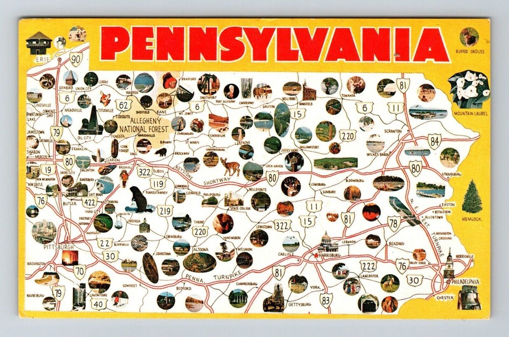 PA-Pennsylvania, Scenic View Map, Landmarks, Vintage Postcard