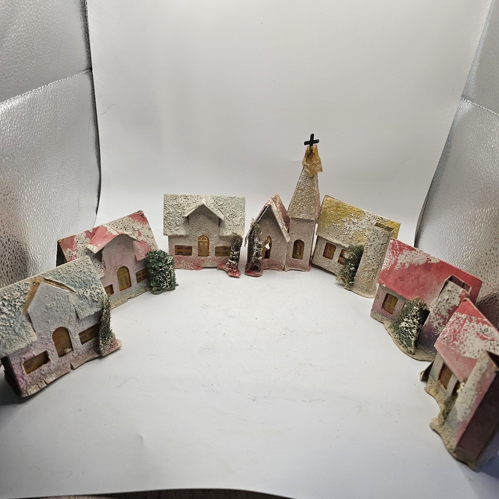 Christmas Village Cardboard House Church Putz Glitter Vintage Lot Of 7