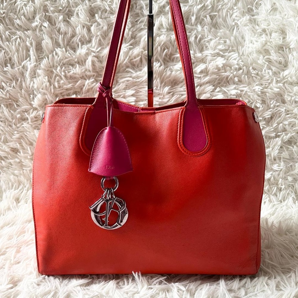 Christian Dior Addict Tote Bag Leather Orange Pink New