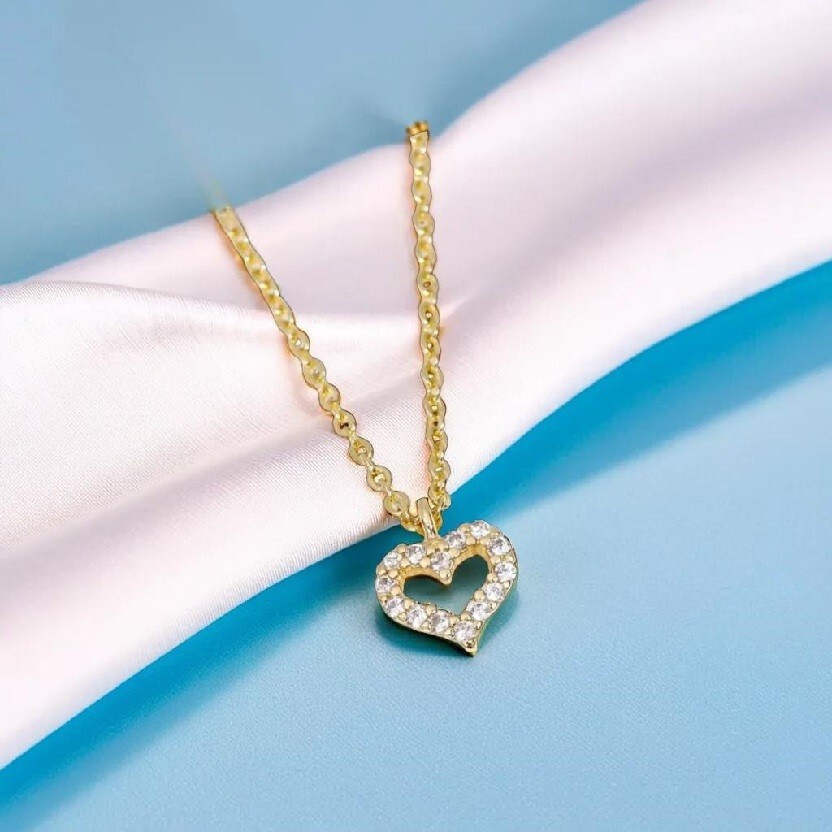 Gold Heart Pendant Necklace, Cubic Zirconia Stone, Adjustable 45cm Chain Gift UK