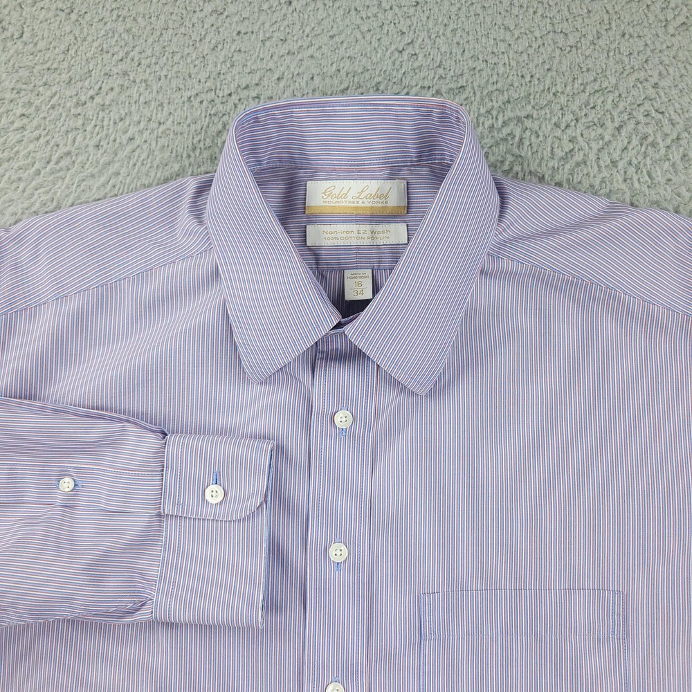 Roundtree & Yorke Gold Label Dress Shirt Mens 16 34/35 Blue Stripe Non Iron