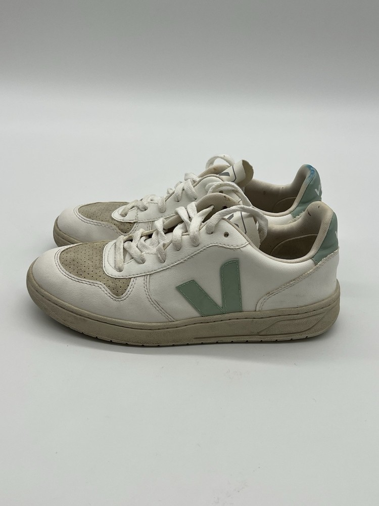 Veja V-10 Womens White Green Leather Lace-Up Sneakers Size 8