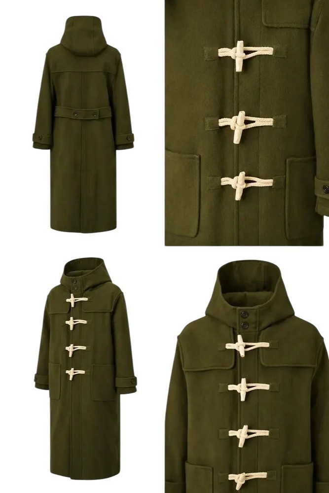 Men's Women's Duffle Overcoat Wool Blend Toggle Button Olive Green Hooded Parka