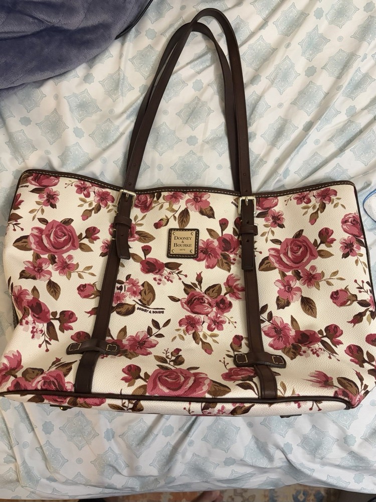 Dooney & Bourke Floral Print Tote Bag White Pink Brown Buckle Accent Key Clip