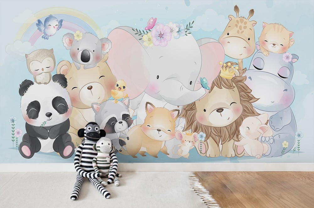 3D Cartoon Animal Watercolor Wall Murals Wallpaper Murals Wall Sticker