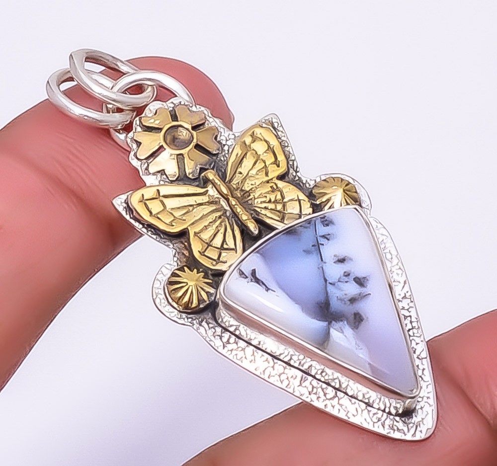 Merlinite Dendritic Opal 925 Silver Butterfly Pendant 1.95