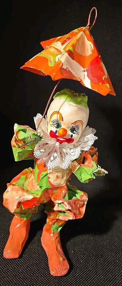 Vintage 8-Inch Orange & Green MCM Paper Mache Clown with Umbrella
