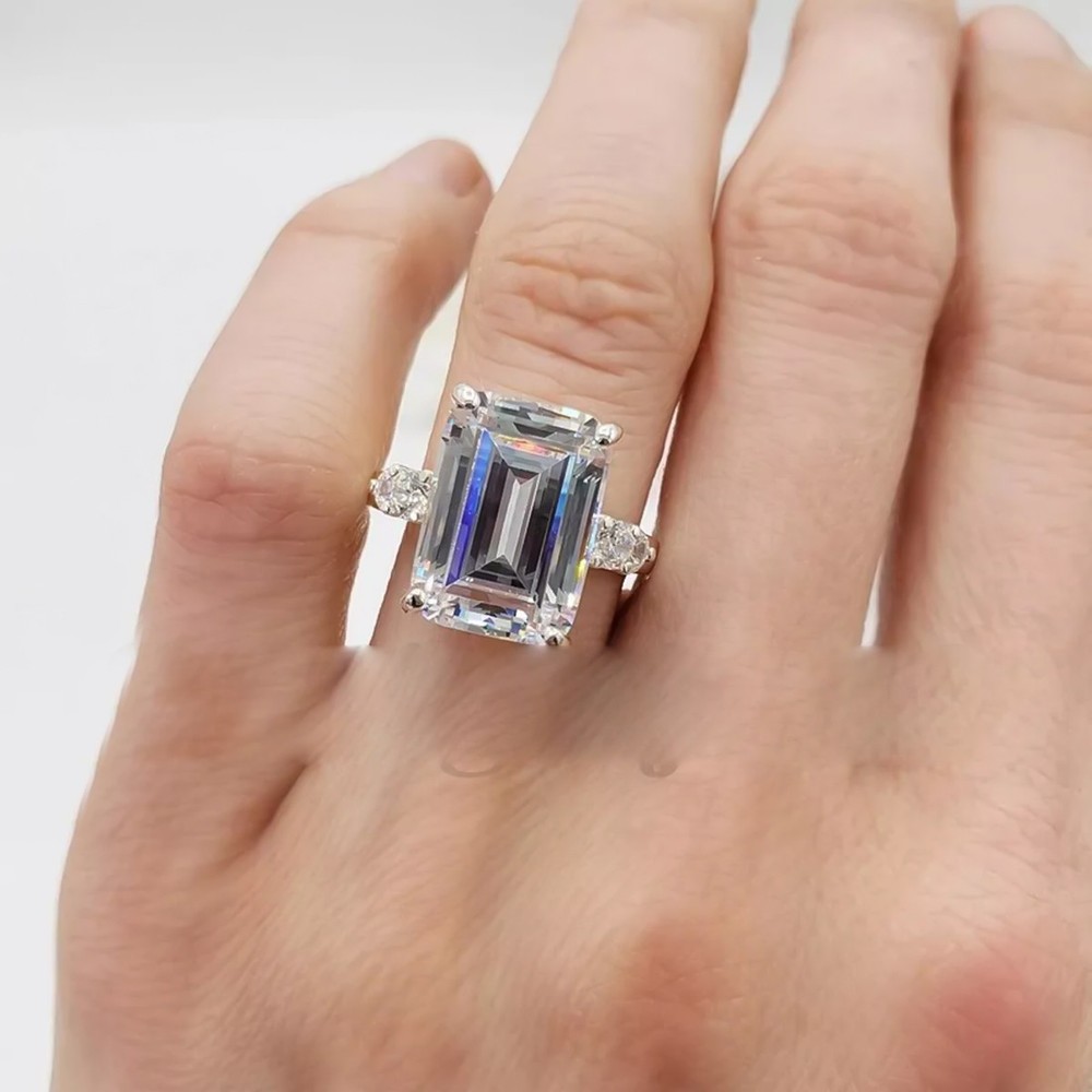 5.70 Ct Certified White Emerald Cut Treated Diamond Ring 925 Sterling Silver