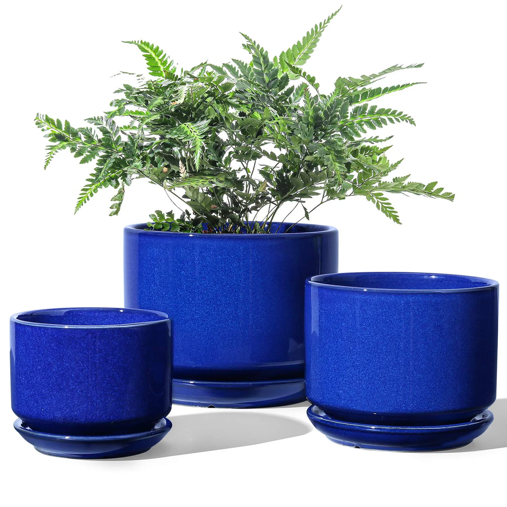 Sapphire Blue Ceramic Planter Set, 3 Pots with Drainage Hole & Saucer