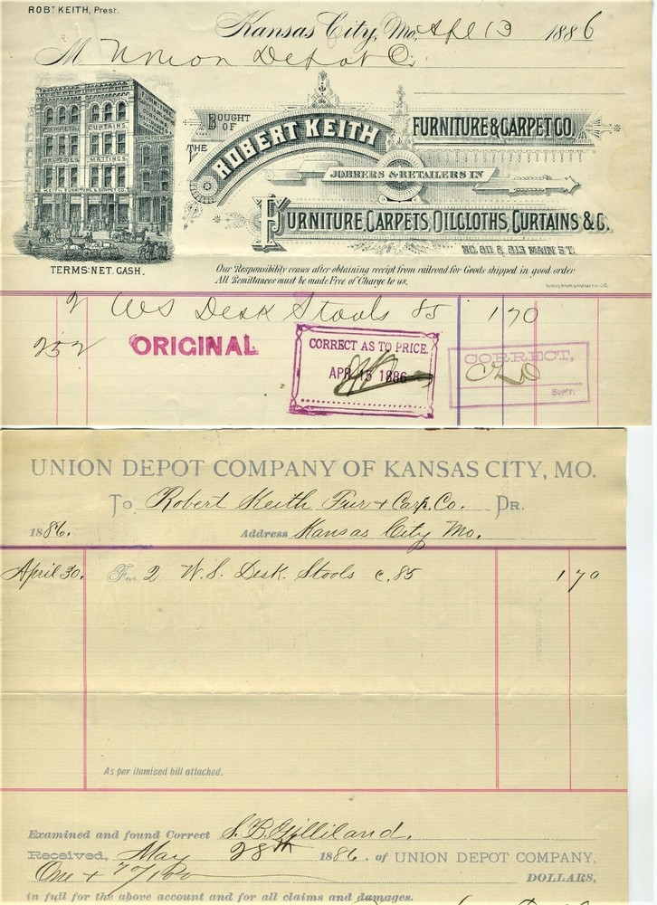 1886 Keith Furniture Billhead & Voucher Kansas City Missouri Antique Document-image