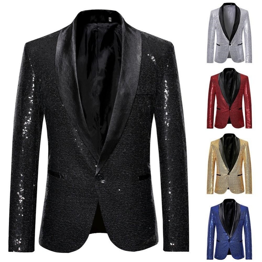 Mens Nightclub Sequin Glitter Blazer Jacket Party Suit Coat Gentleman Wear