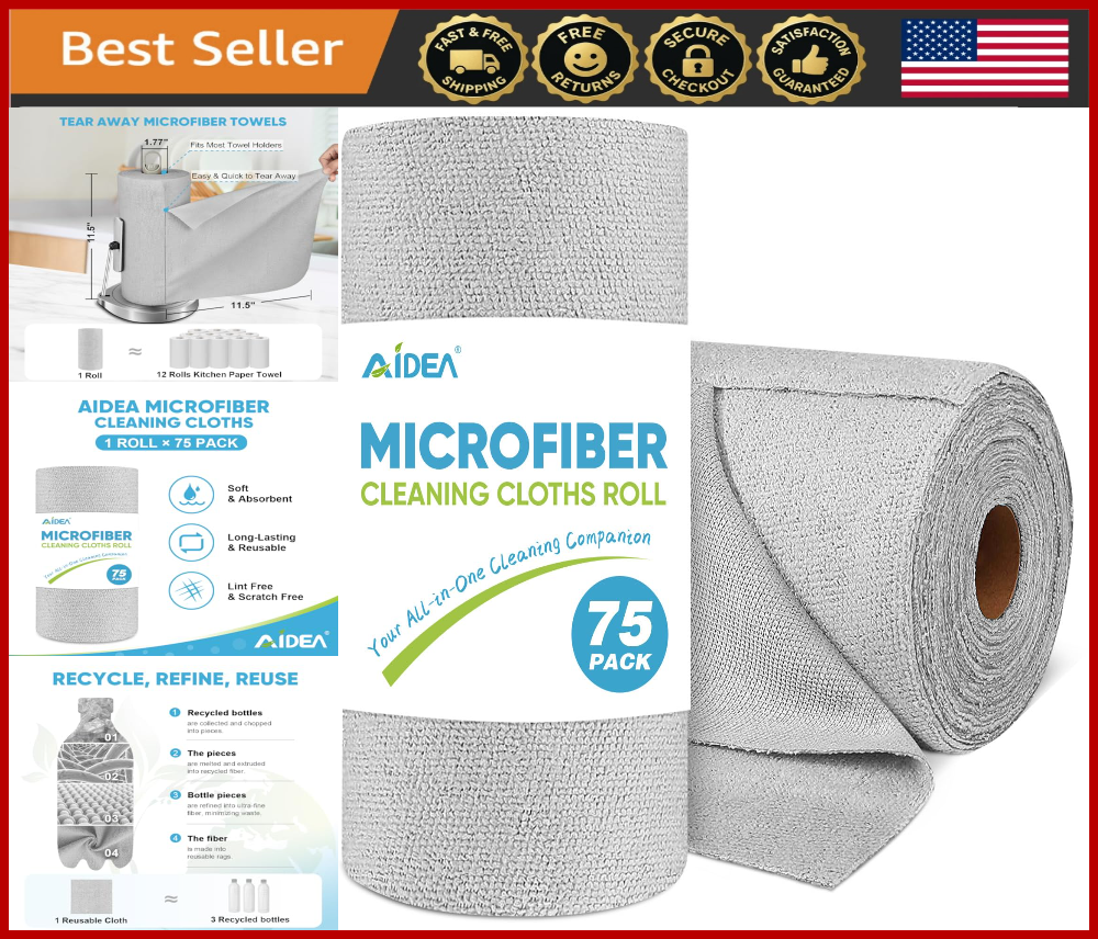 75PK Reusable Microfiber Cloths 11.5x11.5 - Lint-Free Cleaning Towels Roll  
