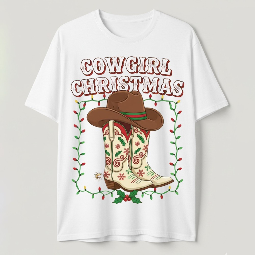 Cowgirl Christmas T-Shirt Western Cowboy Boots Holiday Festive Xmas Gift Tee