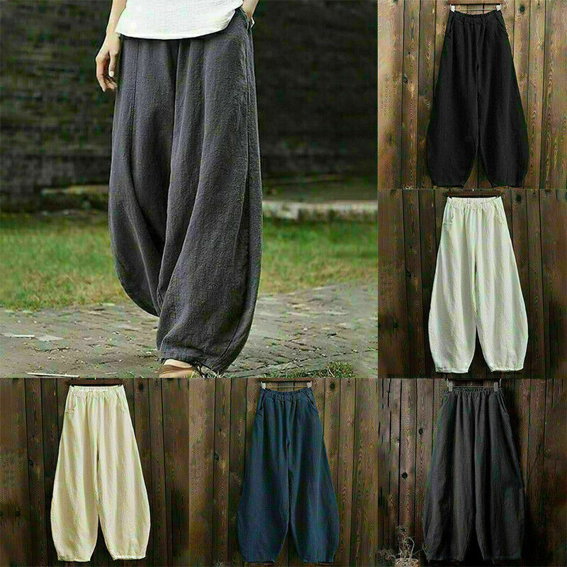 UK Summer Womens Ladies Cotton Linen Baggy Casual Harem Pants Trousers Plus Size