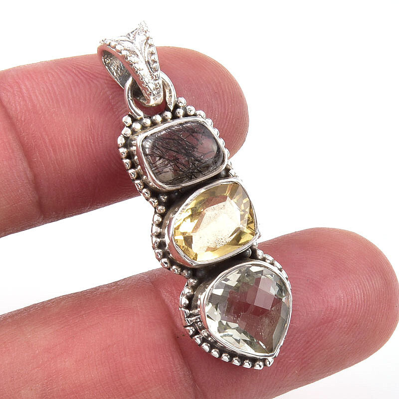 Elegant Natural Green Amethyst Citrine 925 Sterling Silver Pendant Gift