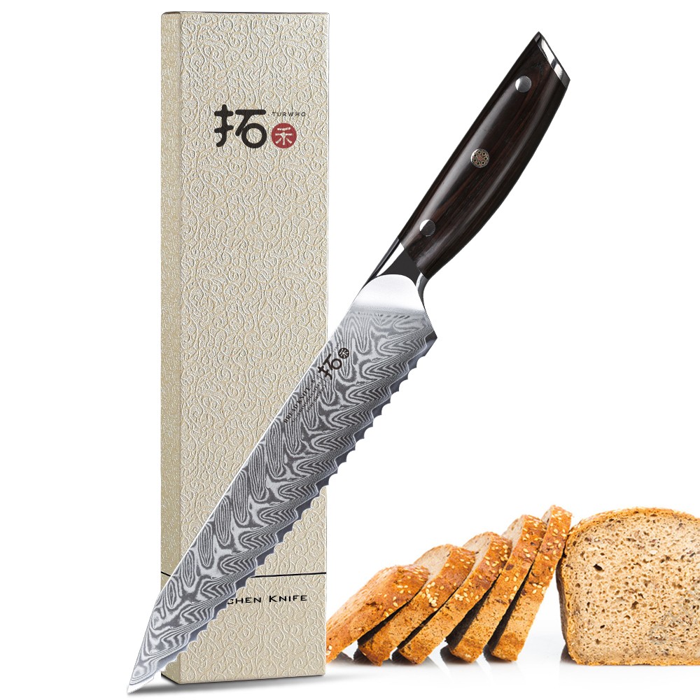 TURWHO 8inch Bread Knife 67-Layer Japanese VG10 Damascus Steel Kitchen Knife