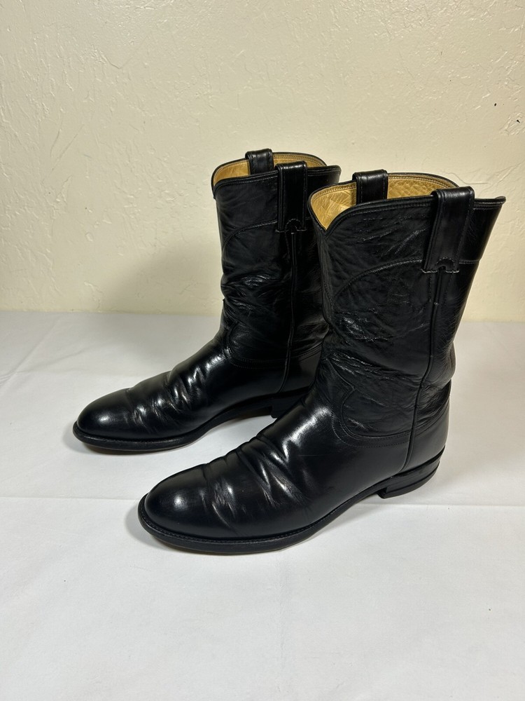 Justin Boots Mens Size 9.5 B Black 3702 Ropers Cowboy Western Leather USA Made