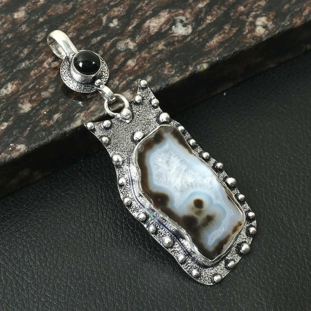 Solar Agate Black Onyx Gemstone Ethnic Handmade Pendant Jewelry 3.4