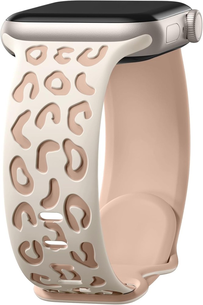 Two Tone Leopard Engraved Band Compatible 41mm/40mm/38mm, Starlight/Milk Tea