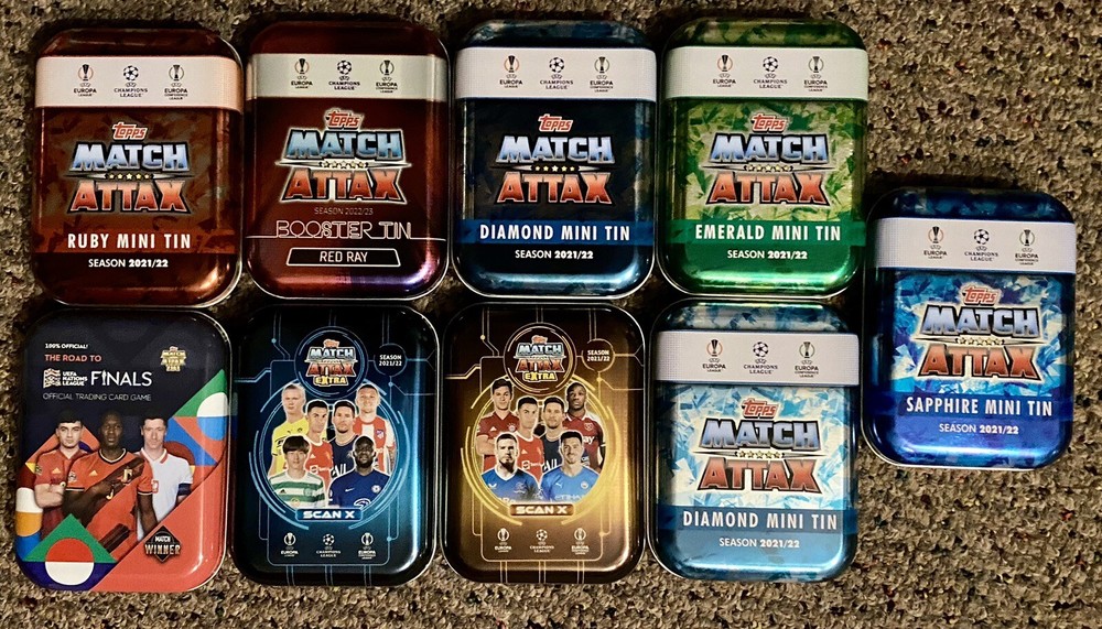 Collection Of 16 Empty Topps Match Attax Tins - Includes Original Boxes Too